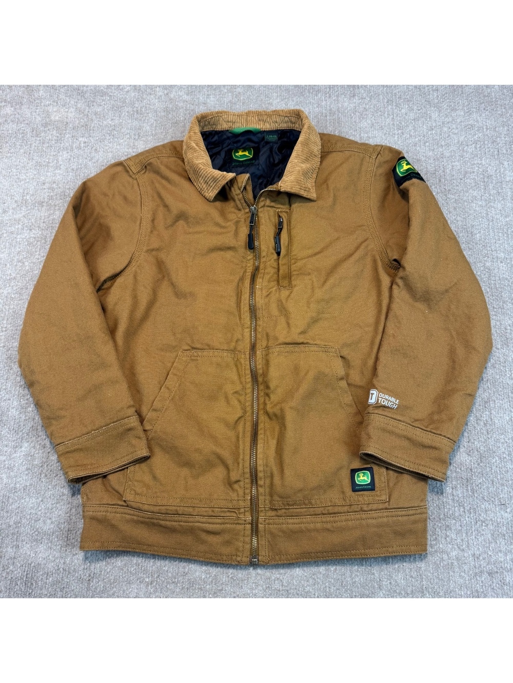 John Deere Canvas Work Chore Jacket Youth L 10-12 Corduroy Collar Quilted Lining